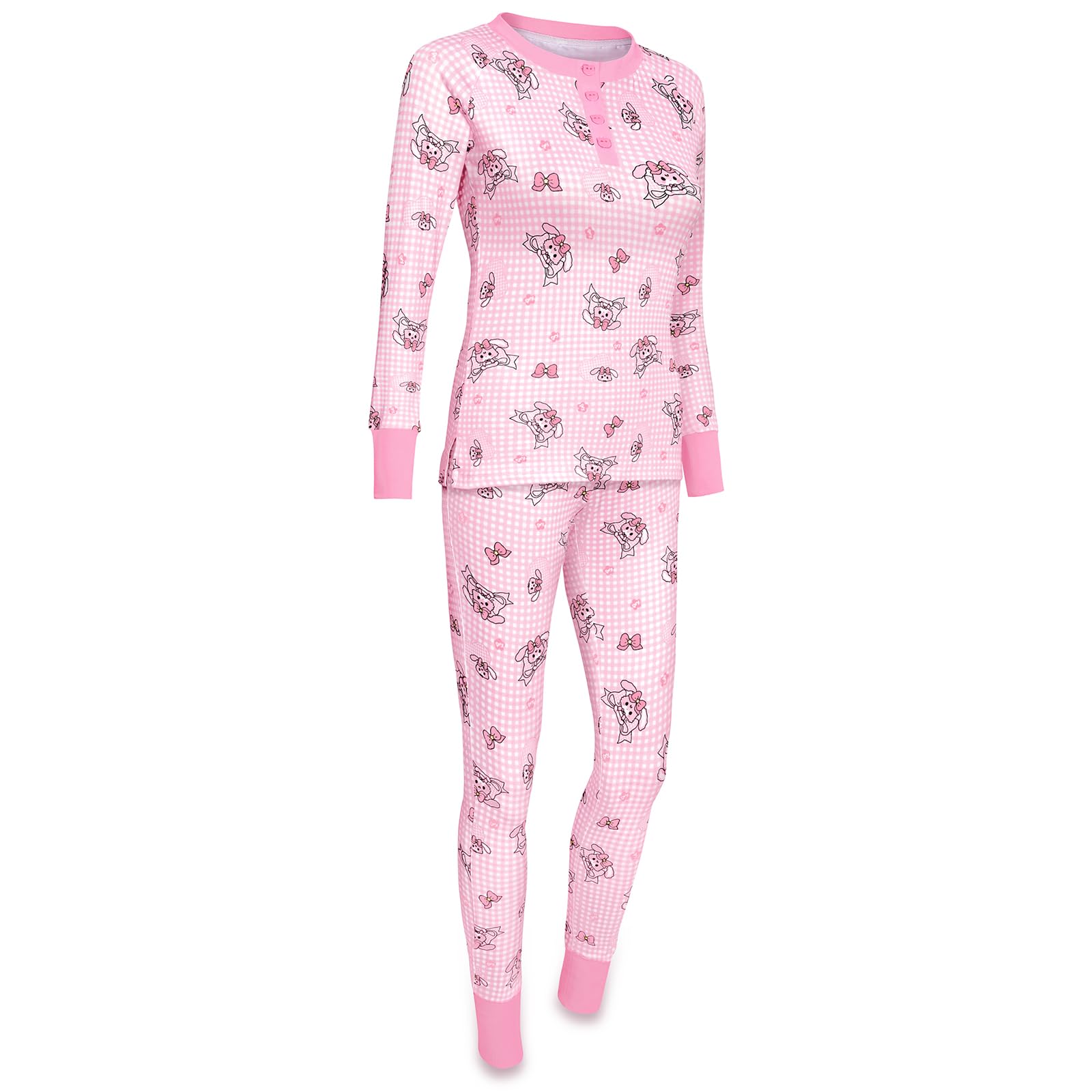 LittleForBig Damen Seidige Lange Ärmel Kuschelig Atmungsaktiv Hasen & Schleifchen Schlafanzug Set Zweiteilig Weich Stretchy Nachtwäsche