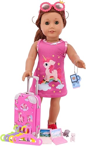 Miniatura 6 de Luckdoll Juego de 13 piezas de ropa y accesorios para muñecas de 18 pulgadas, incluye maleta, equipaje, unicornio, zapatos, lentes de sol, cámara,