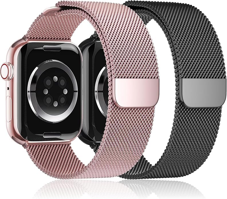Image of Meyaar Magnetic Loop for Apple Watch Band 46mm 42mm 44mm 45mm 49mm Women Men,Magnet Stainless Steel Mesh Metal Strap for iWatch Ultra /2 Series 10 9 8 7 6 5 4,SE /2nd Generation (Black-Pink)