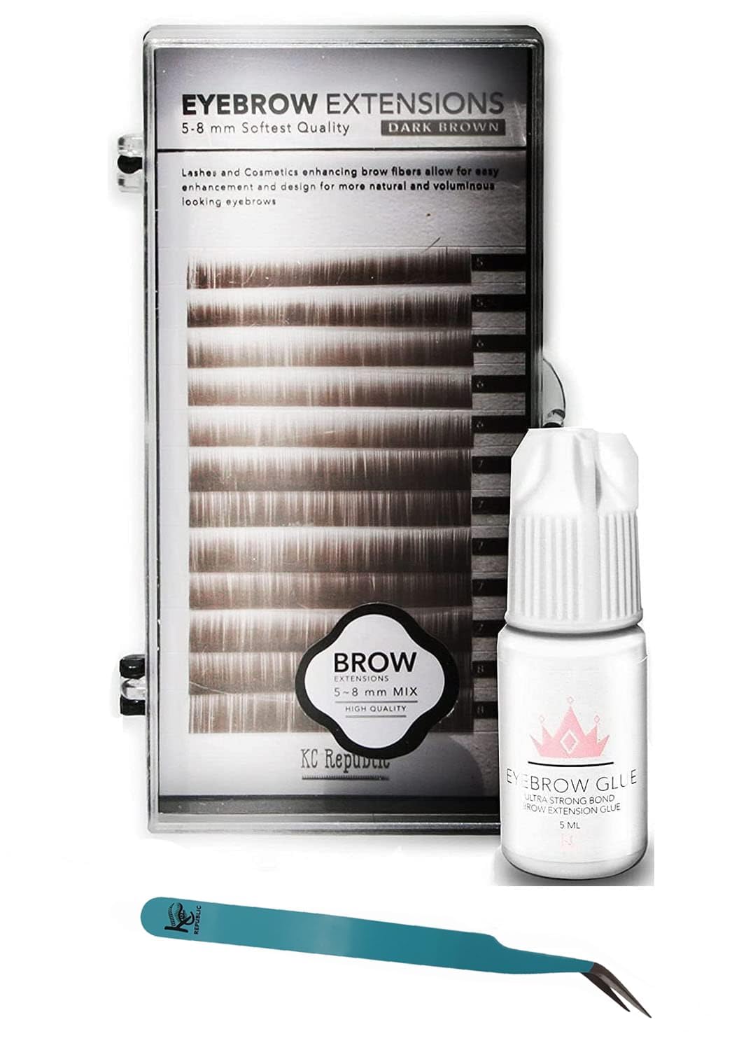 Eyebrow Extensions Kit with 1 x Trays of Mink Eyebrows in Dark Brown Comes on Mixed Length Trays 5-8 Mm Mix, Eyebrow Extension Glue Clear & Extension Tweezers by Kc Republic