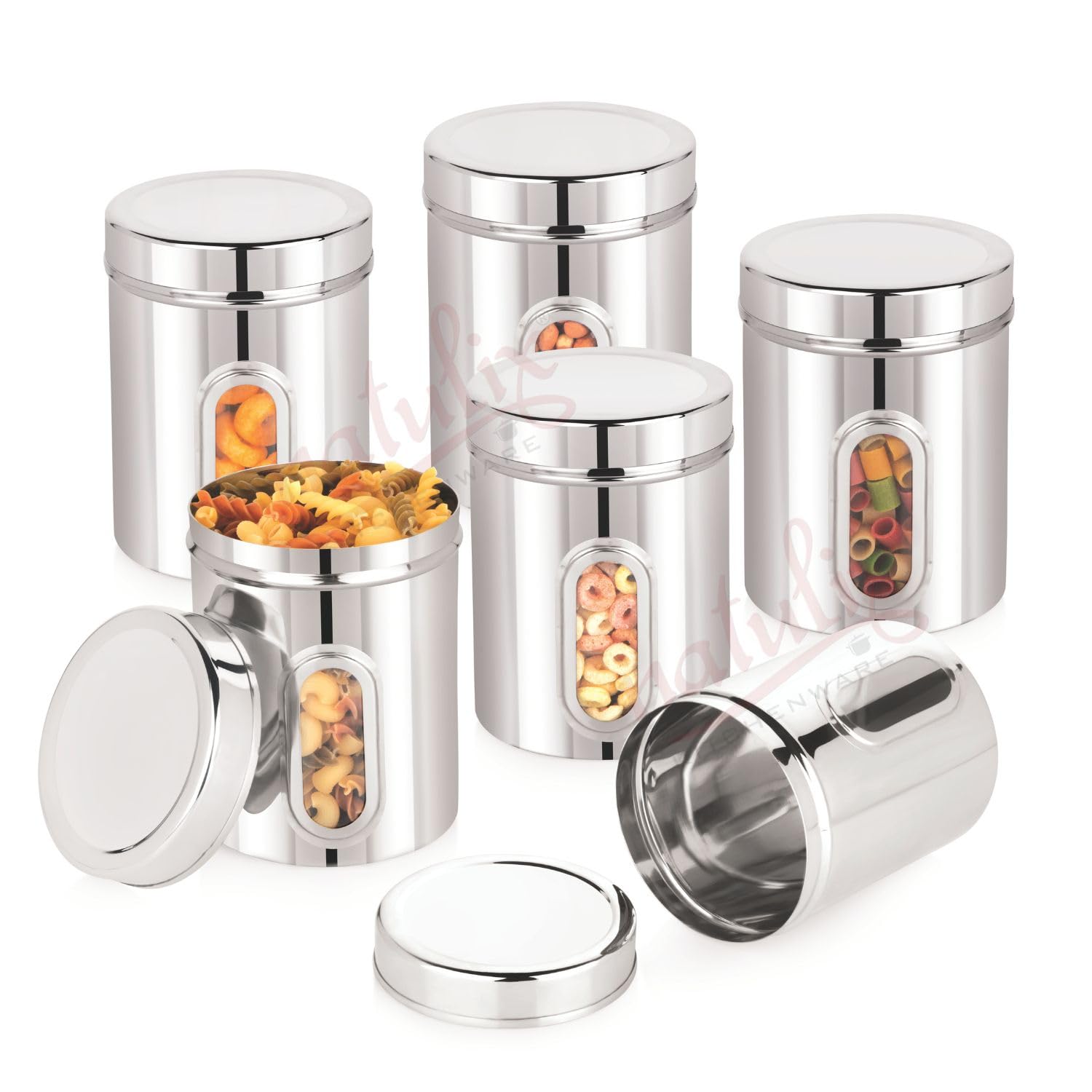 NATULIX 750gms Stainless Steel Containers for kitchen with See Through Window | Kitchen Containers Set | Silver | Mirror Finish (1000ml - 6pcs) Food Grains Capacity - 750gms Approx