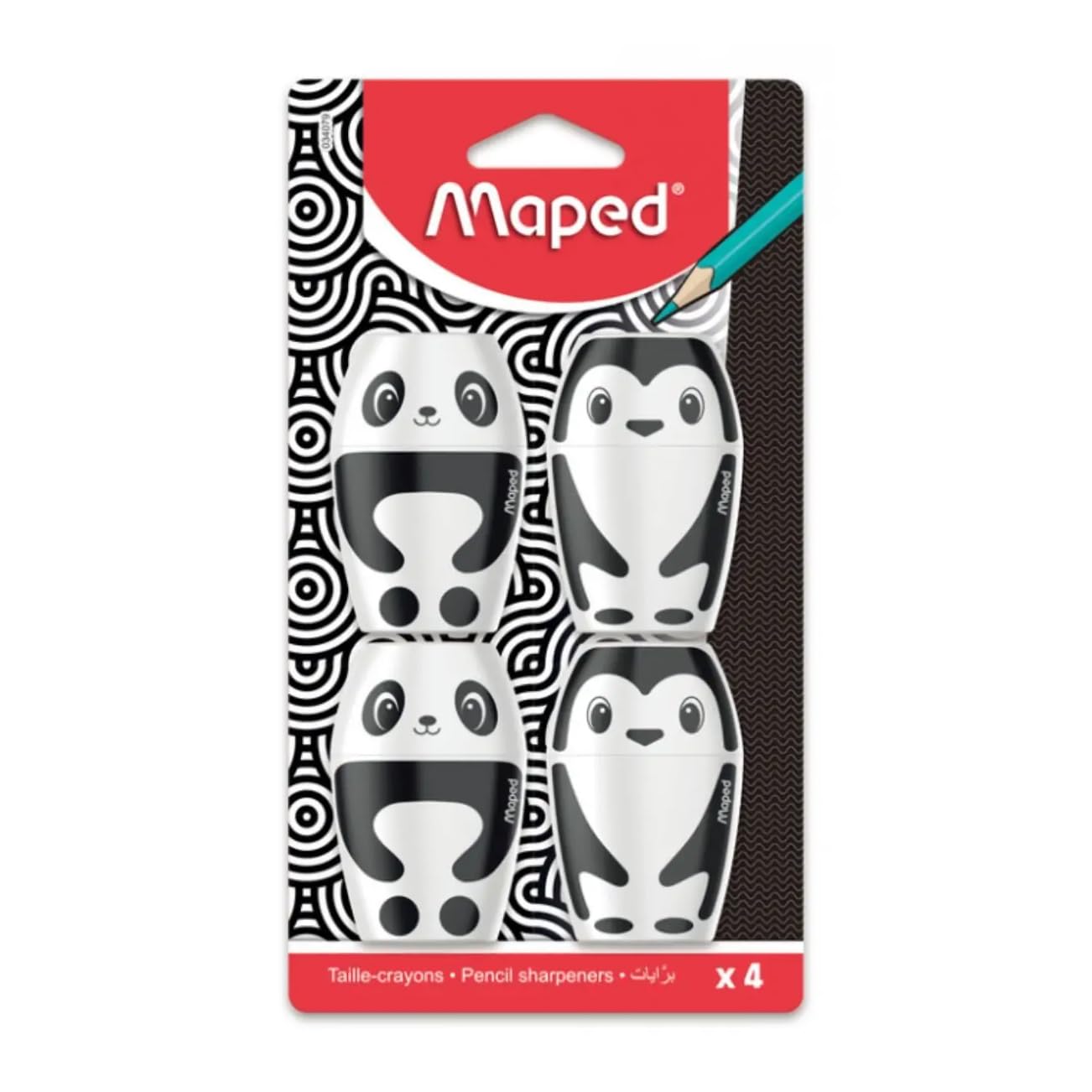 Maped - Set of 4 Shakky Penguin and Panda Pencil Sharpener with Reserve and 1 Hole for Standard Pencils - Easy to Use