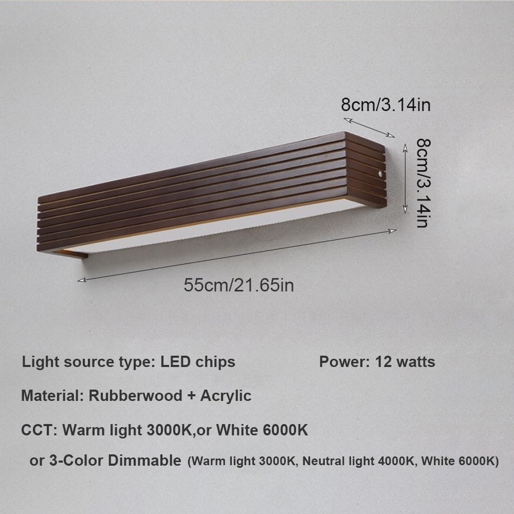 Drewniana lampa ścienna LED z wbudowanym lustrem, nowoczesny styl, długa i minimalistyczna, idealna do makijażu, sypialni lub przedpokoju (ciepłe światło, 55 cm).