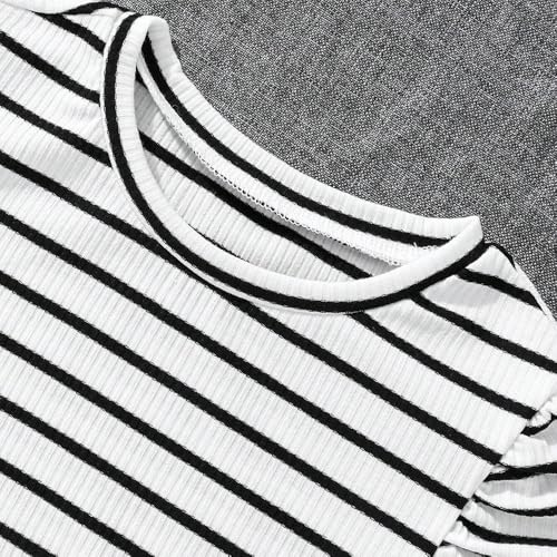 Image of Girls Slim Fit Striped Long Sleeve T Shirt Basic Round Neck Blouses Tops and Elastic Waist Flared Pants