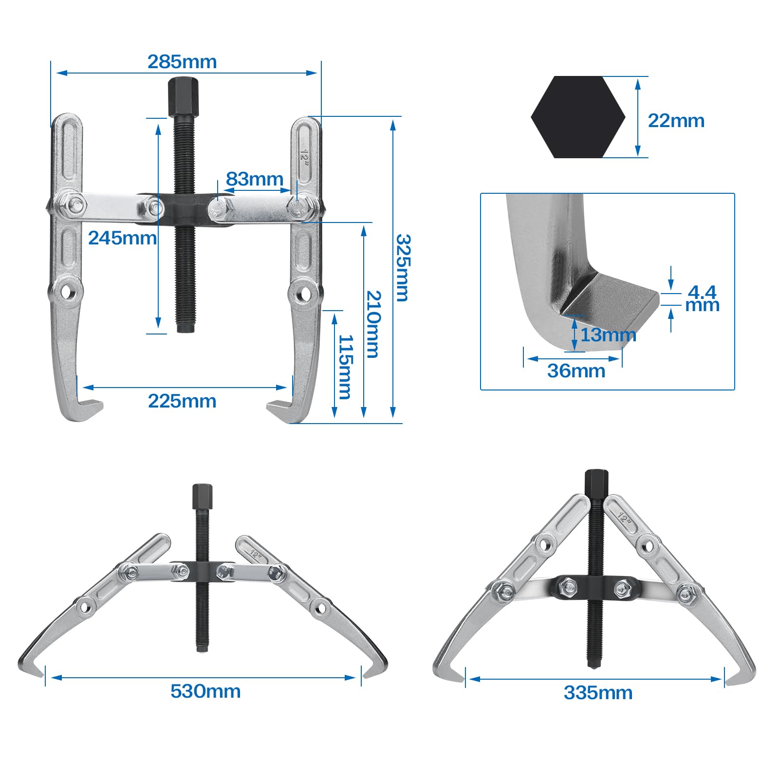 Estrattore cuscinetti da 12", 50 – 300 mm, 2/3 bracci esterni/interni, estrattore a sfera regolabile, estrattore parallelo per rotori, cuscinetti ruota auto, acciaio CrV