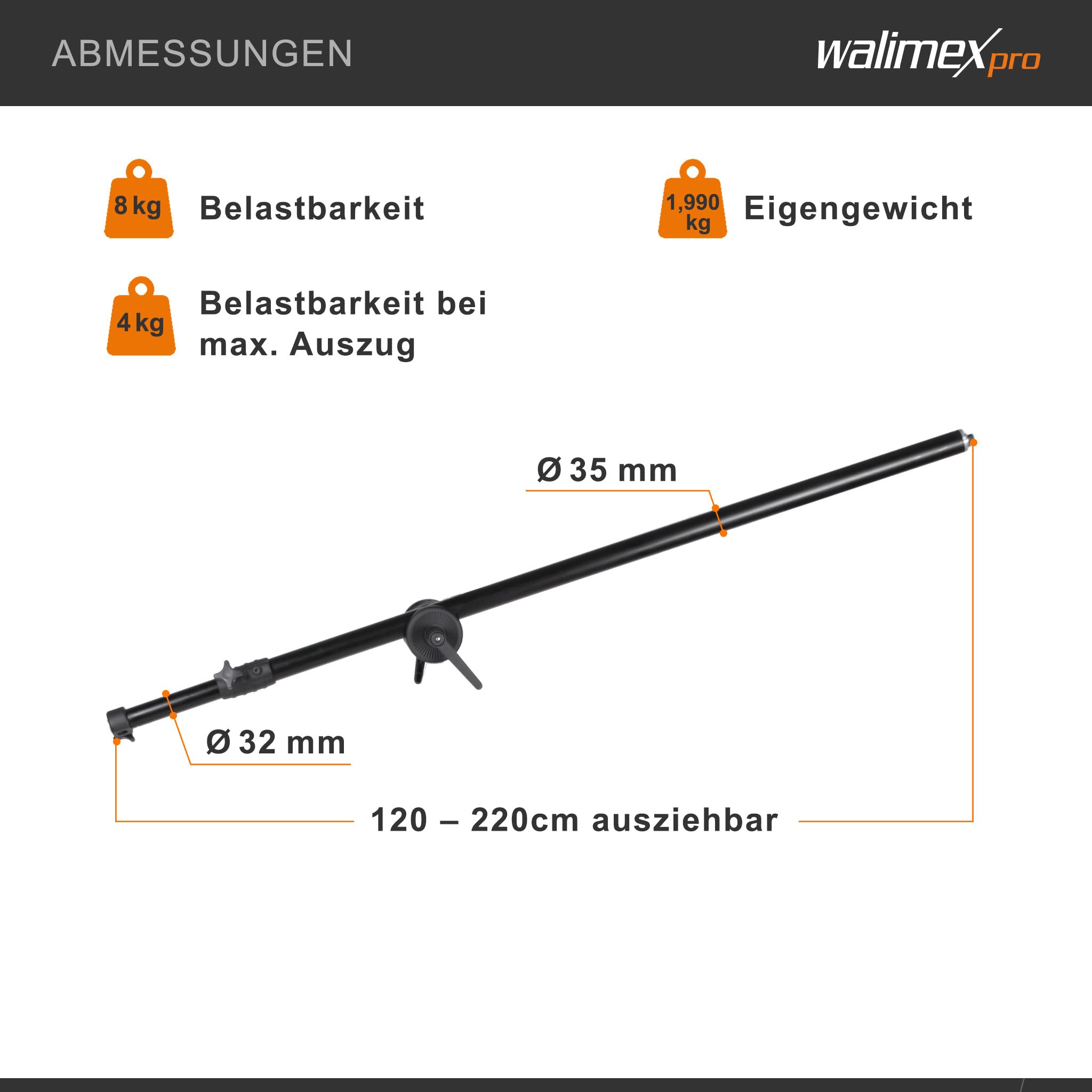 Walimex Brazo de extensión de 120-220 cm con Bolsa de contrapeso