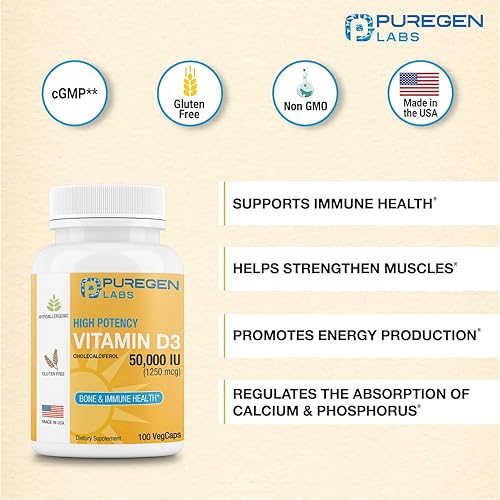 Miniatura 3 de Puregen Labs Vitamina D3 50,000 UI (1250 mcg) Suministro de 100 semanas para una función muscular saludable y apoyo inmunológico, sin OMG, sin