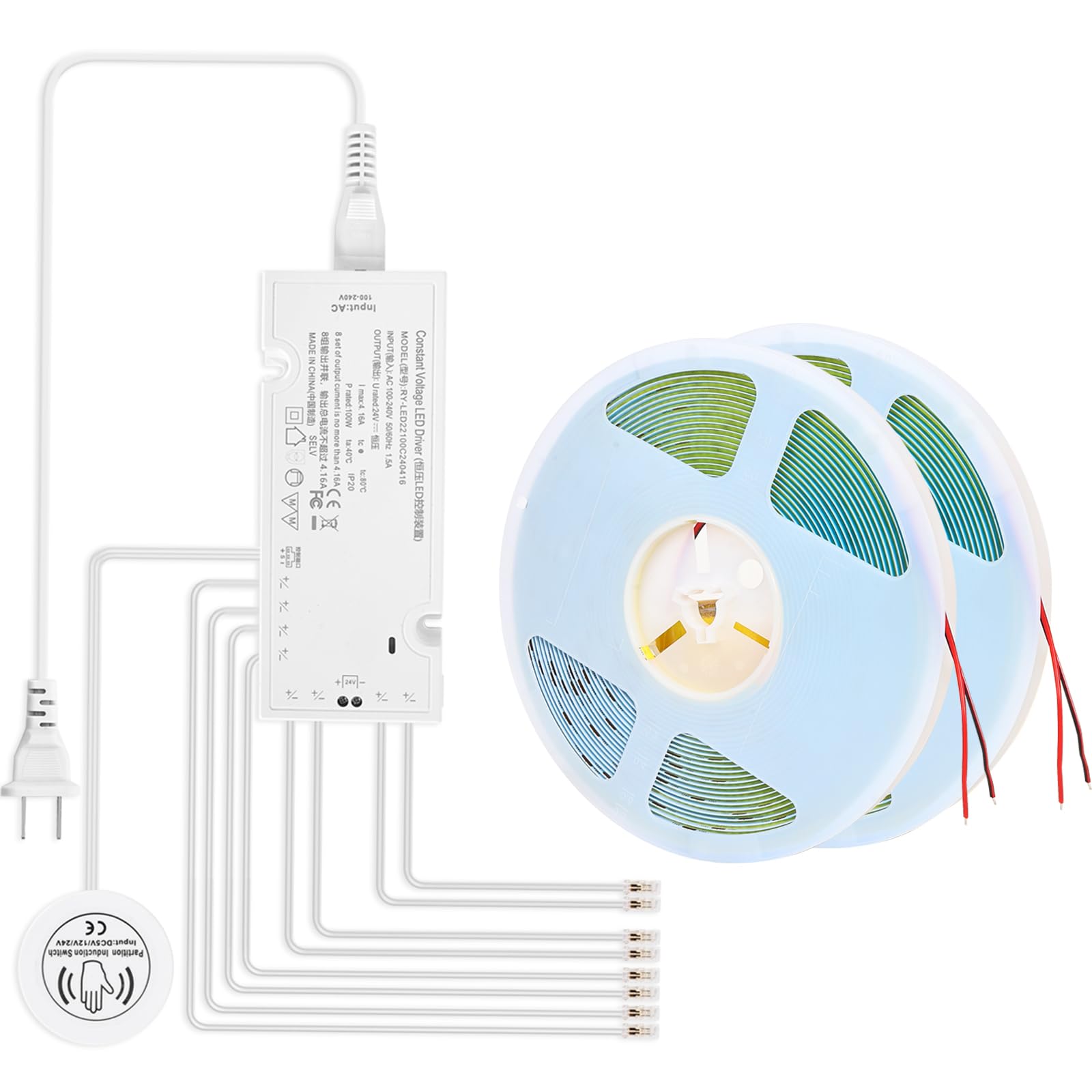 Under Cabinet Led Light Strip kit,2 Roll x 16.4ft Cuttable 6500K COB,Diffused Power with 8 JST &amp; 2 Hardwired Outlets,Touch Sensor for Curio Cabinet,Book Shelf,Wardore,Wine Rack