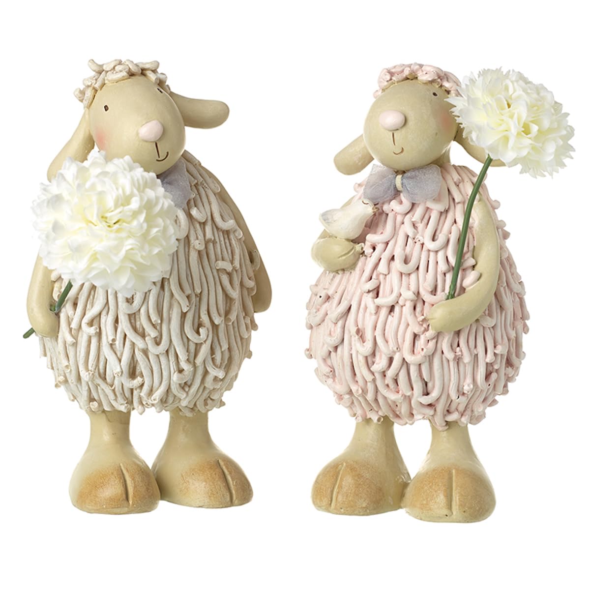 Heaven Sends Multicolor Set Of 2 Cream And Pink Sheep With Flowers Easter Decorations