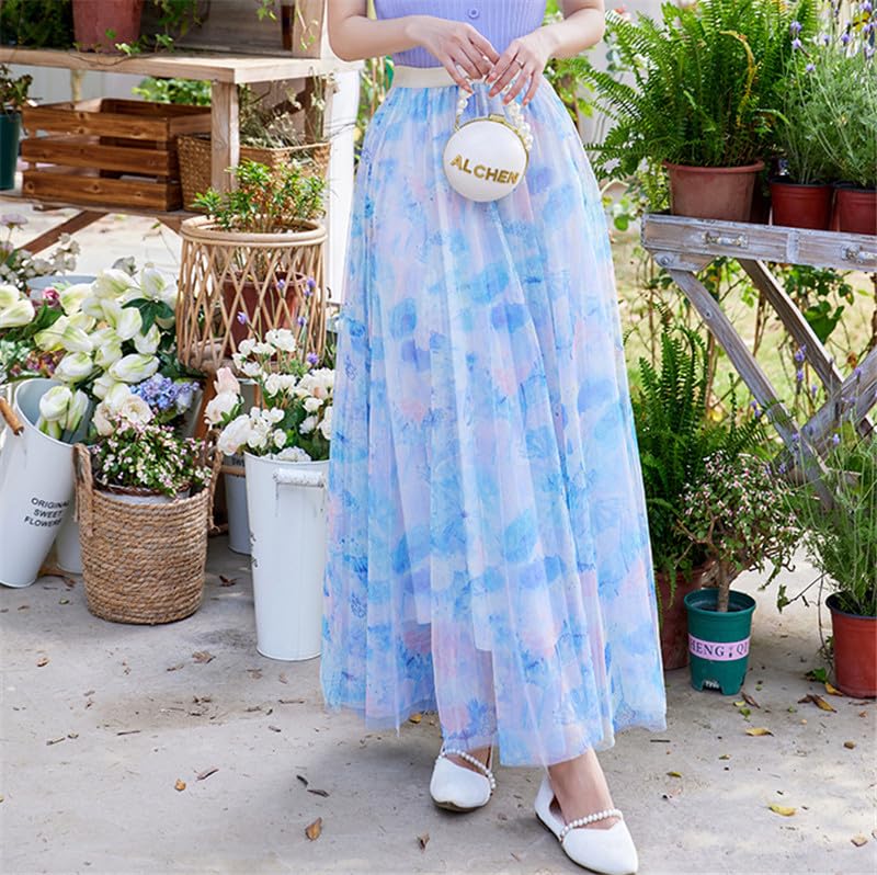 Faldas Largas con Estampado Floral Bohemio para Mujer, Elegante Falda De Tul En Capas Plisadas Y Escalonadas, con Dobladillo Grande, Estilo Ballet, Estilo Fluido, De Corte A, para Fiesta De Graduaci