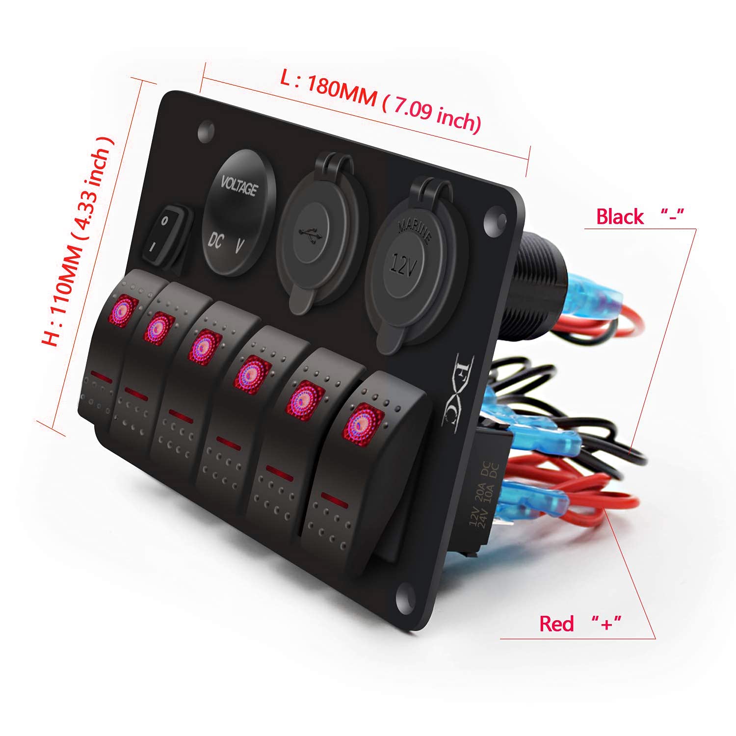 FXC Waterproof Marine Boat Rocker Switch Panel 6 Gang with 3.1A Dual USB Slot Socket + Cigarette Lighter +LED Voltmeter with Power-Save for Car Rv Vehicles Truck (6 Gang Red LED)