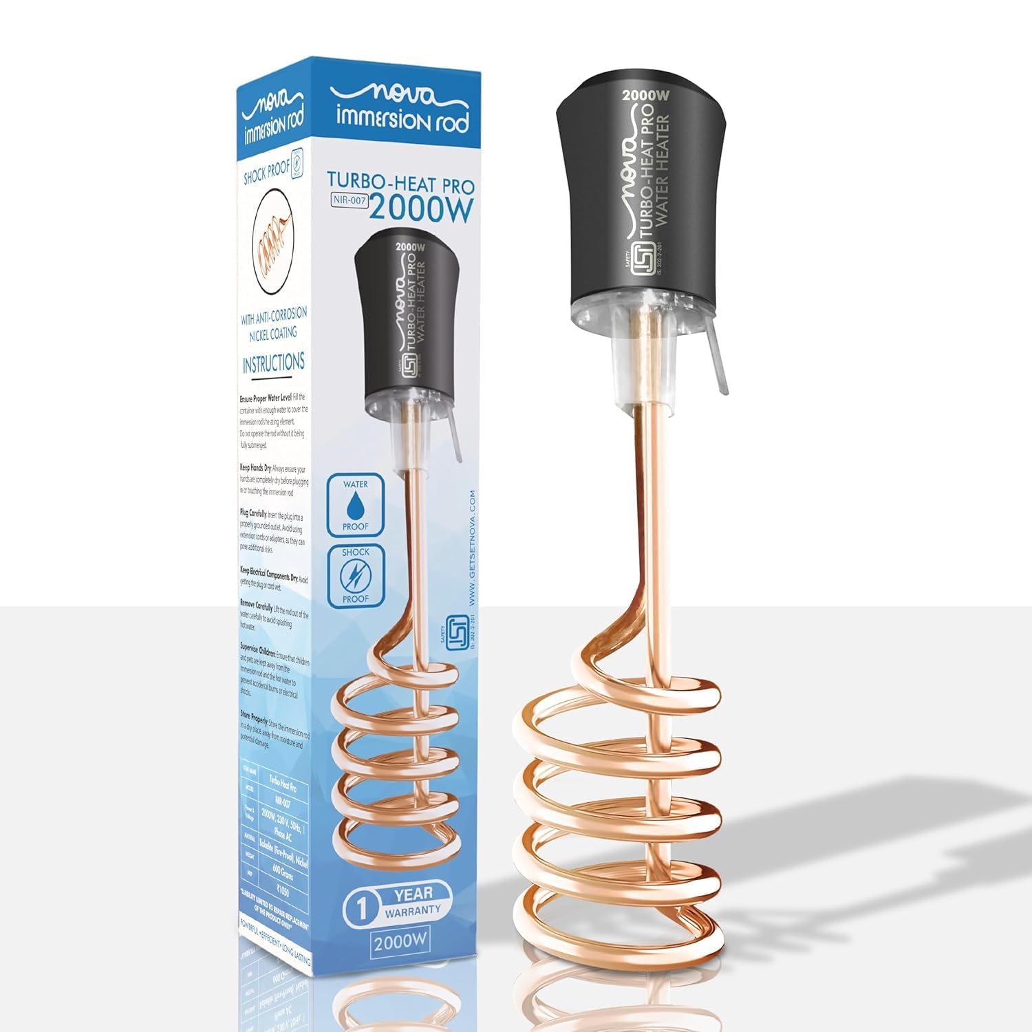 NOVA LINT REMOVER Water Heater 2000W Shock Proof Immersion Rod with Rapid Heating Coil Technology | Copper & Nickel Plated with Extra Long Wire | ISI Certified 1 Year Replacement Warranty-image-0