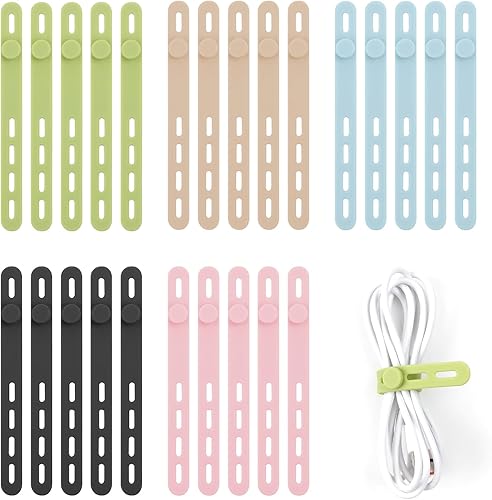 20 bridas de silicona reutilizables para cables  Envolturas flexibles para organizar auriculares, cargadores y cables eléctricos  Organizador de