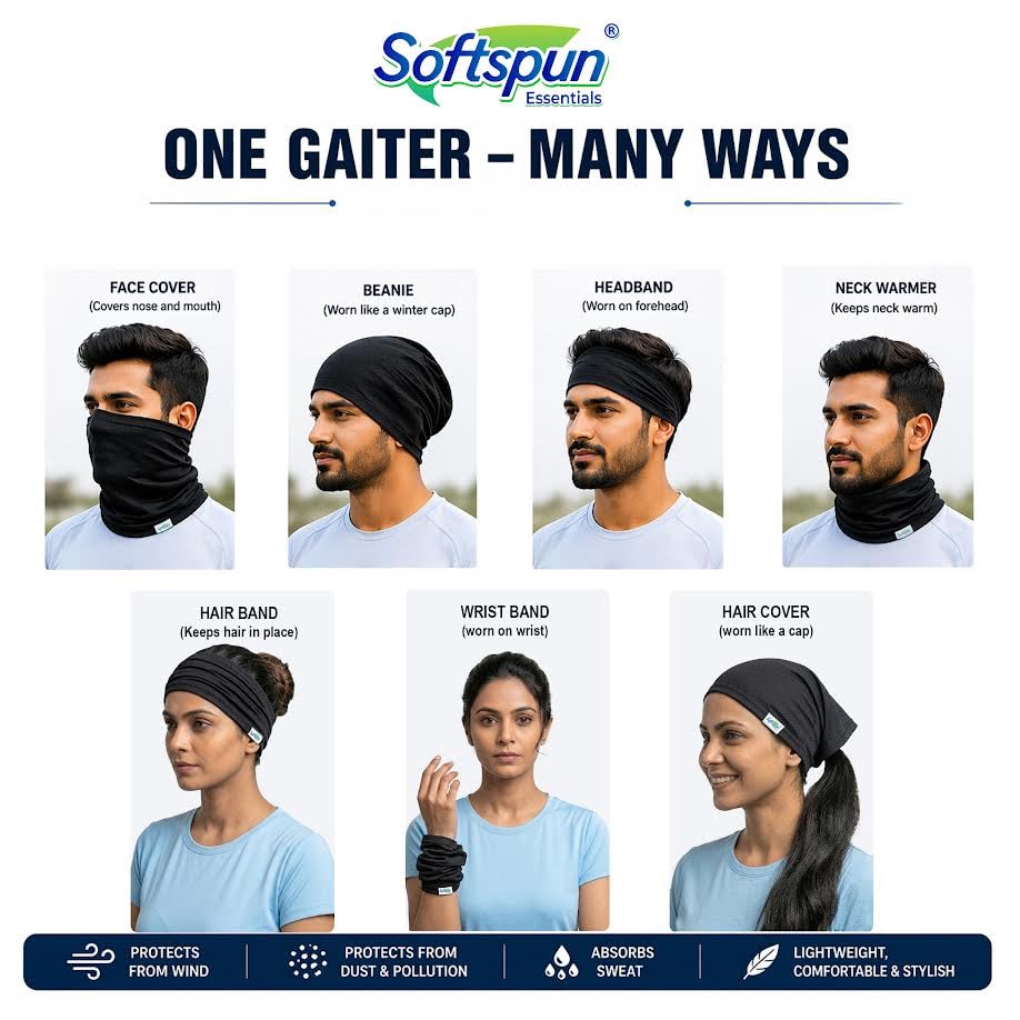 Image of SOFTSPUN Essentials Neck Gaiter Bandana for Riders | Multi-Purpose Face Cover Mask | UV Protection, Dust Proof, Breathable Fabric for Bike Riding, Cycling, Hiking (Black)