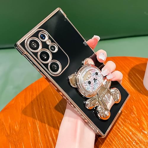 Miniatura 3 de Bonita funda compatible con Samsung Galaxy S22 Ultra de 6.8 pulgadas, cuentas de lujo de color dorado 3D con soporte de oso de dibujos animados para