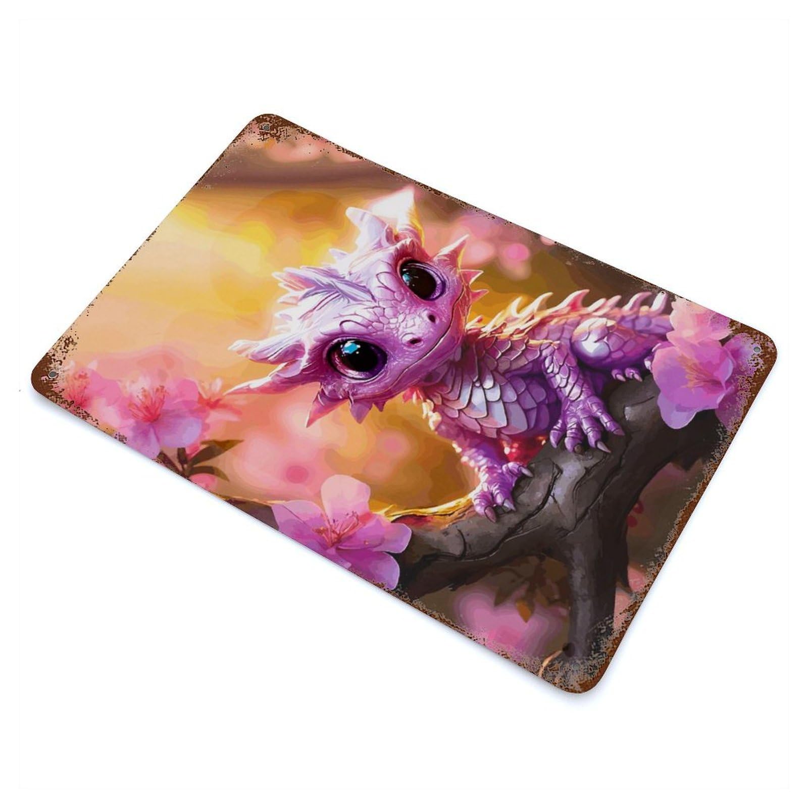 Rust Effect Dragons Cherry Bloom Weathered Tin Sign 11.8"x7.9", Novelty Wall Decor for Office, Studio And Wall Decor