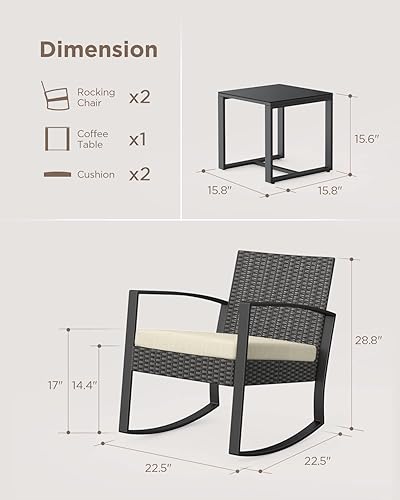 Miniatura 3 de Aiho Juego de muebles de patio, sillas mecedoras de mimbre para exteriores con cojín, muebles de porche con mesa de cristal, juego de conversación