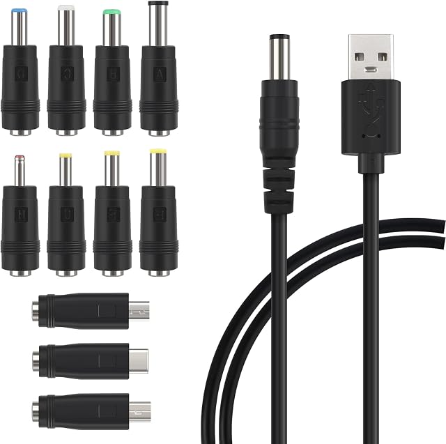USB to DC Power Cable Universal DC Charging Cord 5V DC Power Cable with 11 Connector Tips(6.4*4.4, 6.3*3, 5.5*2.5, 5.5*2.1, 5.5*1.7, 4.8*1.7 4.0*1.7, 3.5*1.35, Type-c, Micro-USB, Mini-USB)