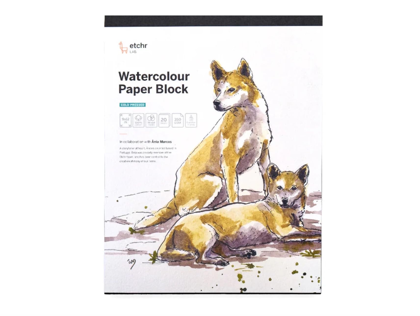 ETCHR Aquarell-Papierblock, 22,9 x 30,5 cm, 100 % Baumwolle, kaltgepresst, 350 g/m², verwindungsbeständiges Aquarellpapierblock