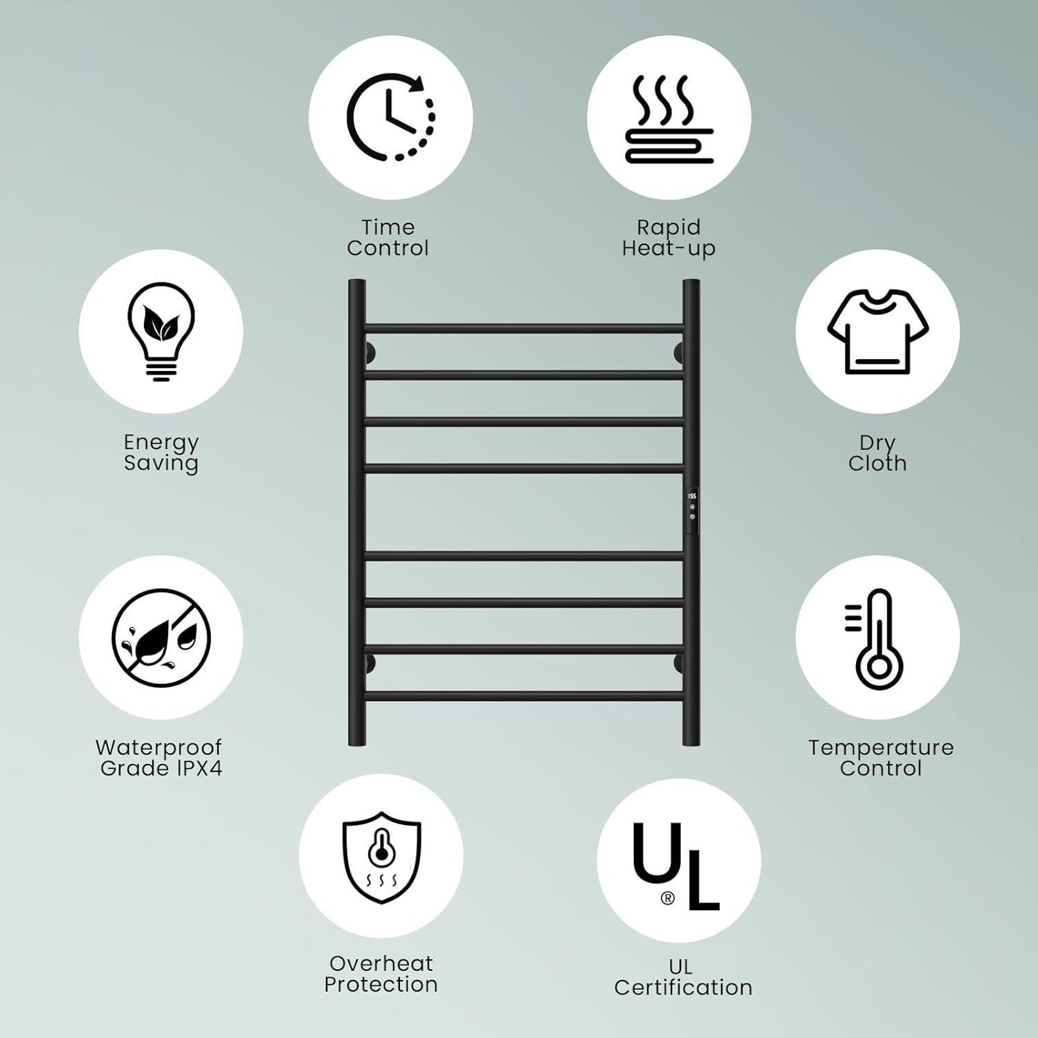 Wall Towel Warmer Rack for Bathroom - 8 bar Heated Towel Rack Timer and LED Indicator for Bathroom, Wall Mounted Electric Towel Rack, Aluminum Alloy Matte Black, Hard-Wired/Plug-in