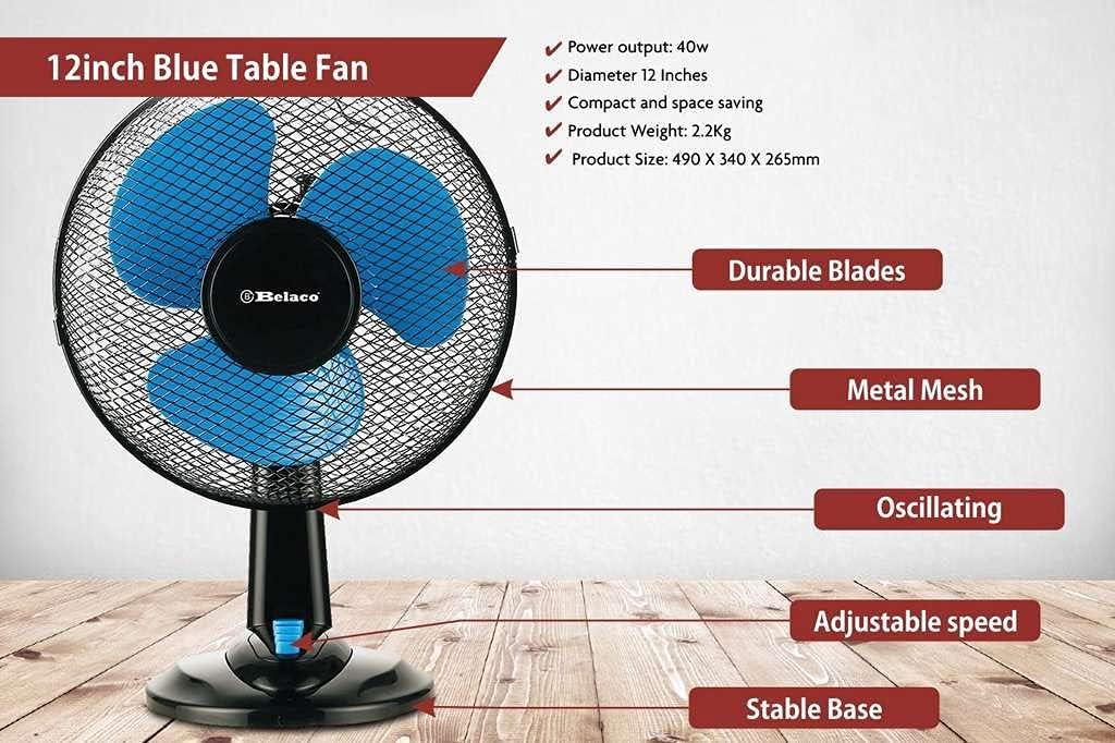 Diagram showing fan features: Durable Blades, Metal Mesh, Oscillating, Adjustable Speed, Stable Base