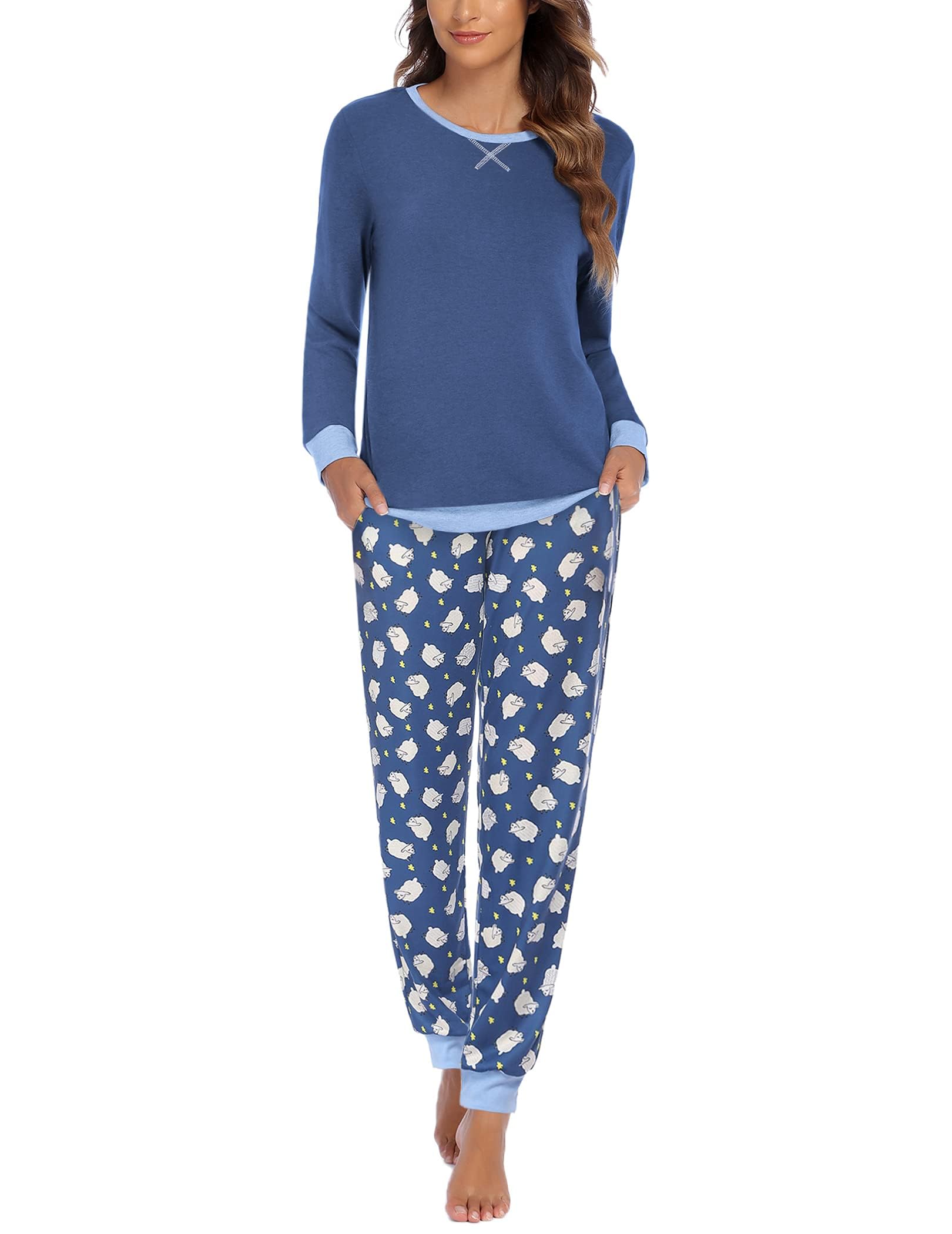 Ekouaer Damen Schlafanzug Lang Zweiteiliger Pyjama Set Rundhals Hausanzug Sleepwear Nachtwäsche Oberteil und Hose