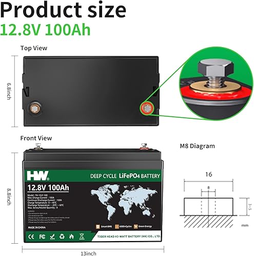 Miniatura 4 de HW Batería LiFePO4 de litio de 12 V 12 Ah, batería de litio recargable de 153.6 Wh, BMS incorporada, más de 6000 ciclos profundos, baja tasa de