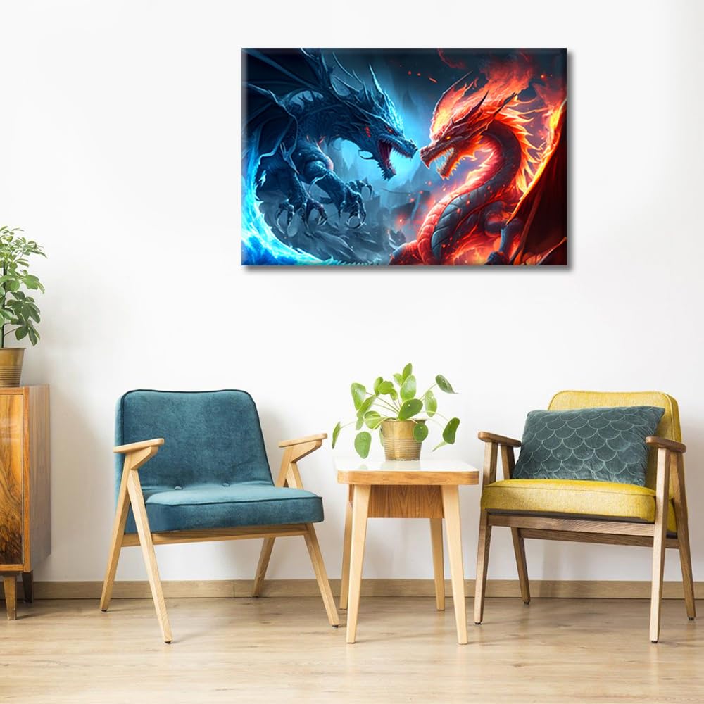 1 Pieces Dragon Poster Home Decor Ice Dragon Fighting with a Fire Dragon Artwork Canvas Paintings Dazzling Dragon Wall Art for Living Room Print on Canvas Framed Ready to Hang (16" Wx24 H - Image 4