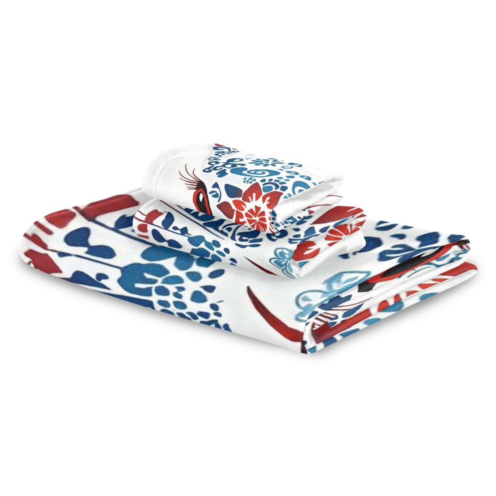 Set di 3 asciugamani per il viso con coniglietto rosso e blu, 1 asciugamano da bagno, 1 asciugamano per le mani, 1 panno per la casa, cucina, hotel, palestra, nuoto, spa