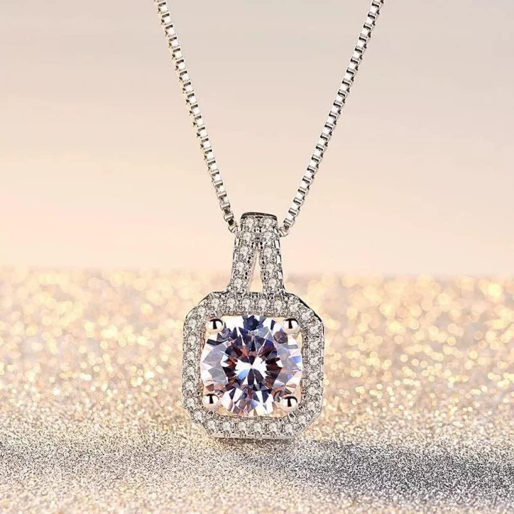 Collane con Ciondolo Quadrato in Argento Sterling 925 con Catena a Collo di Cristallo per Regalo di Gioielli da Donna