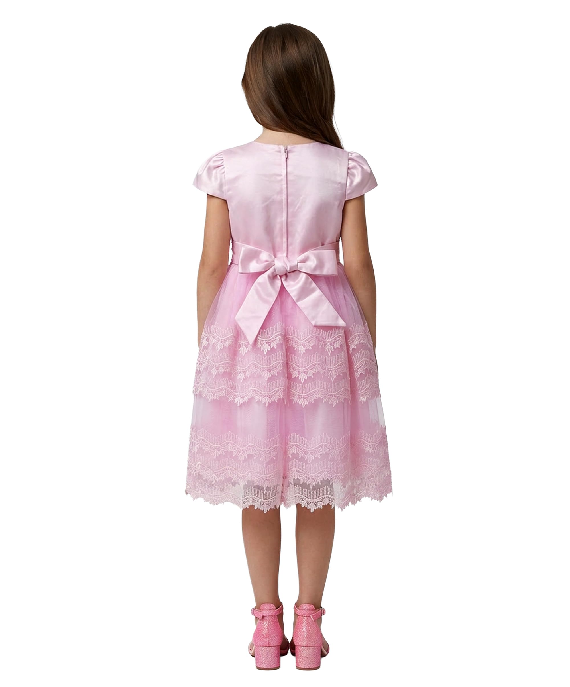 SIRRI Abito da bambina in pizzo rosa con gonna in tulle, lunghezza media, abito da festa per bambine da 1 a 14 anni