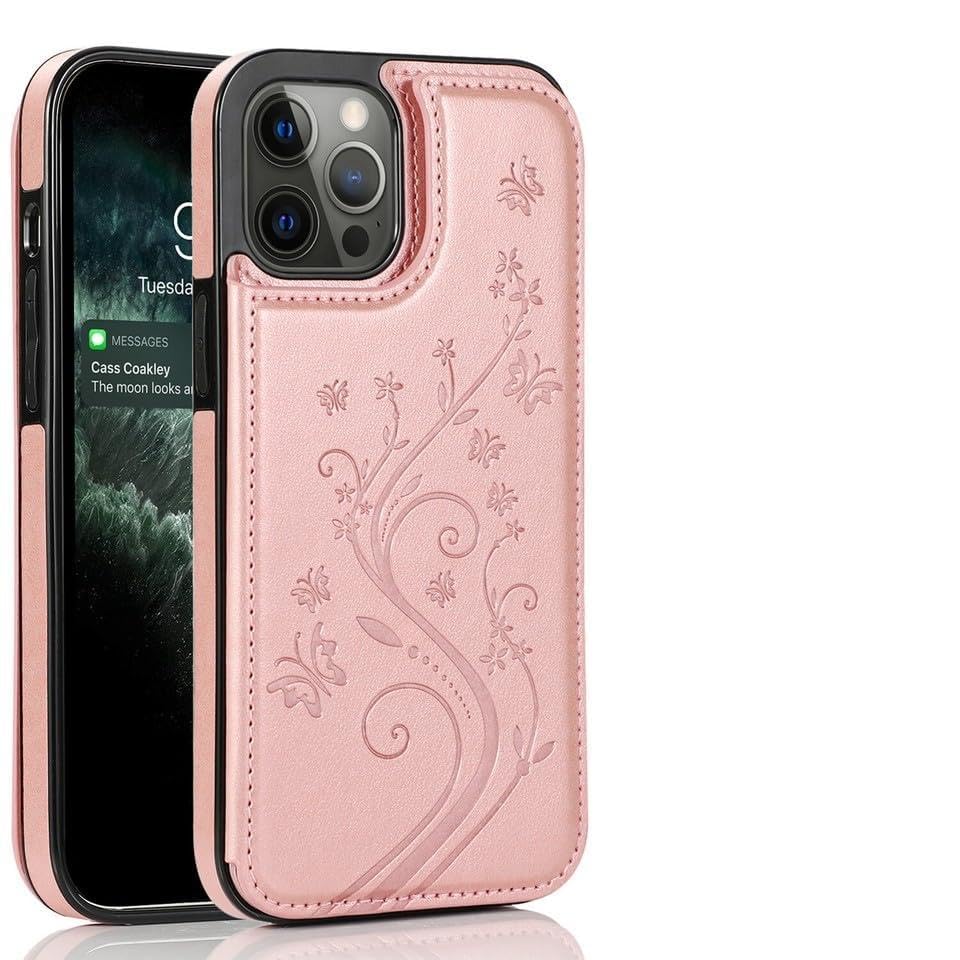 Étui portefeuille iPhone 12 anti-choc or rose à rabat aimanté pour écran