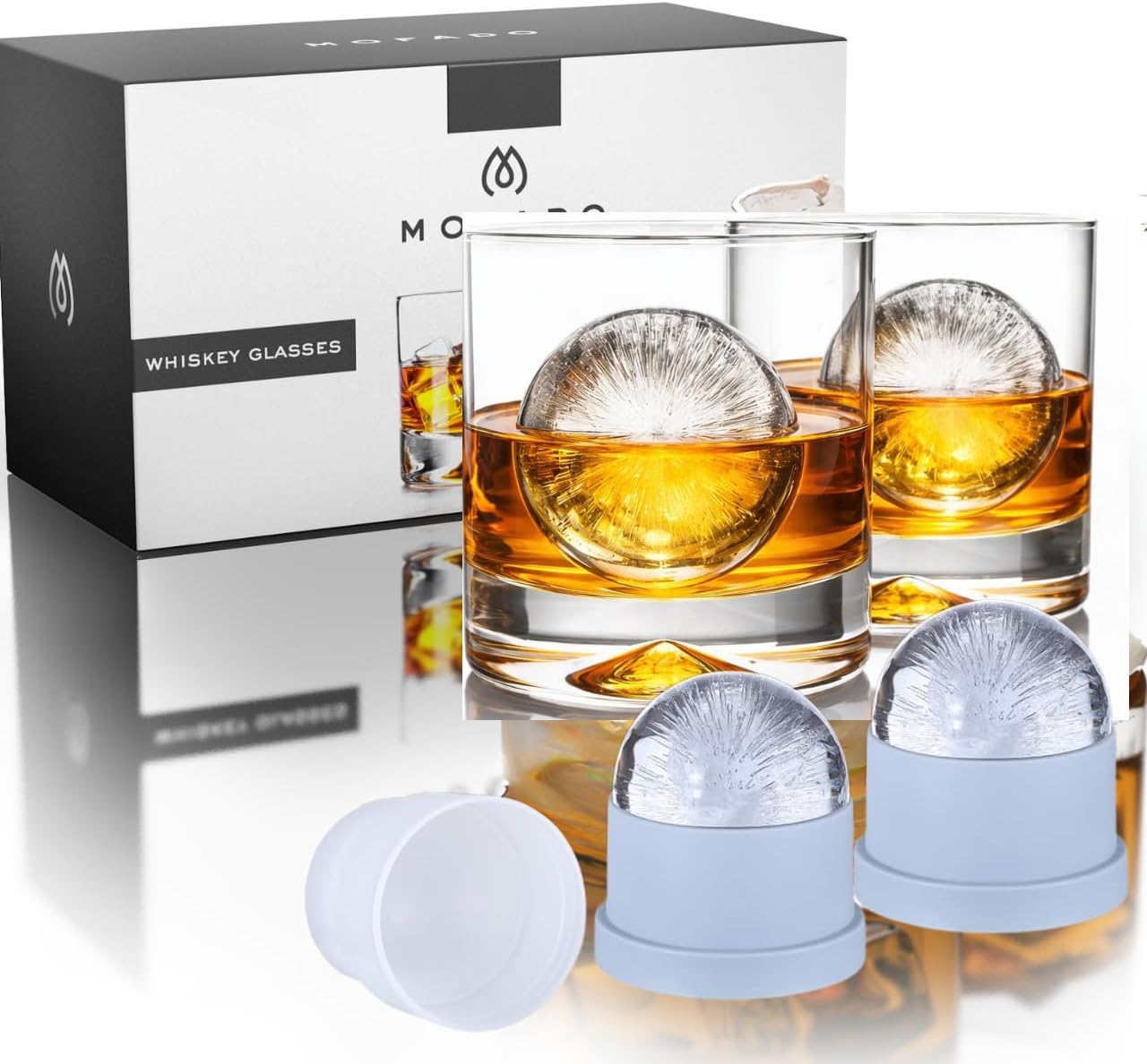 Mofado. Premium Crystal Old Fashioned Whiskey Glasses -12oz (Set of 2)+2 Big Ice Ball Molds- Barware for Scotch, Bourbon, Manhattans, Cocktails - Gift for Men