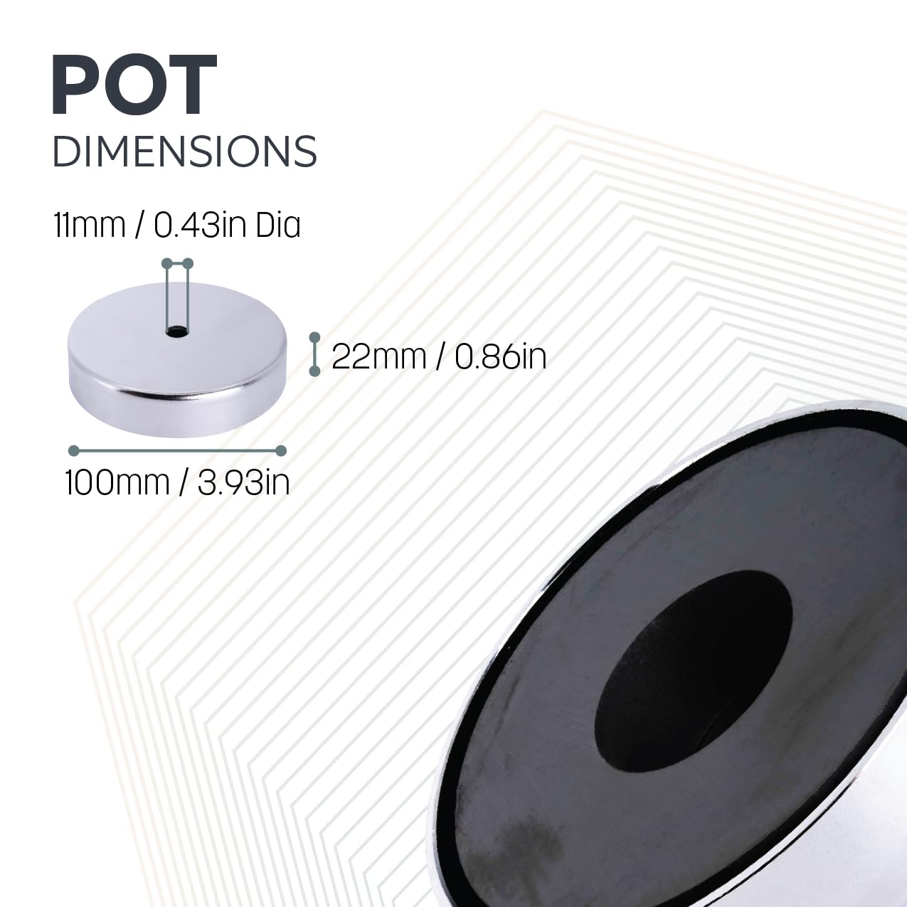 Aimant en Pot Ferrite Pour Les Arts, L'Artisanat, la Fabrication de Modèles - 100mm de diamètre x 22mm D'Épaisseur x 11mm - Pull 68kg - Pack de 20