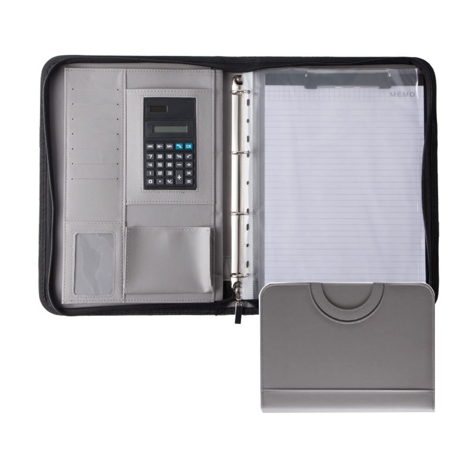 Porte-documents A4 en cuir gris avec calculatrice intégrée pour l'organisation de bureau