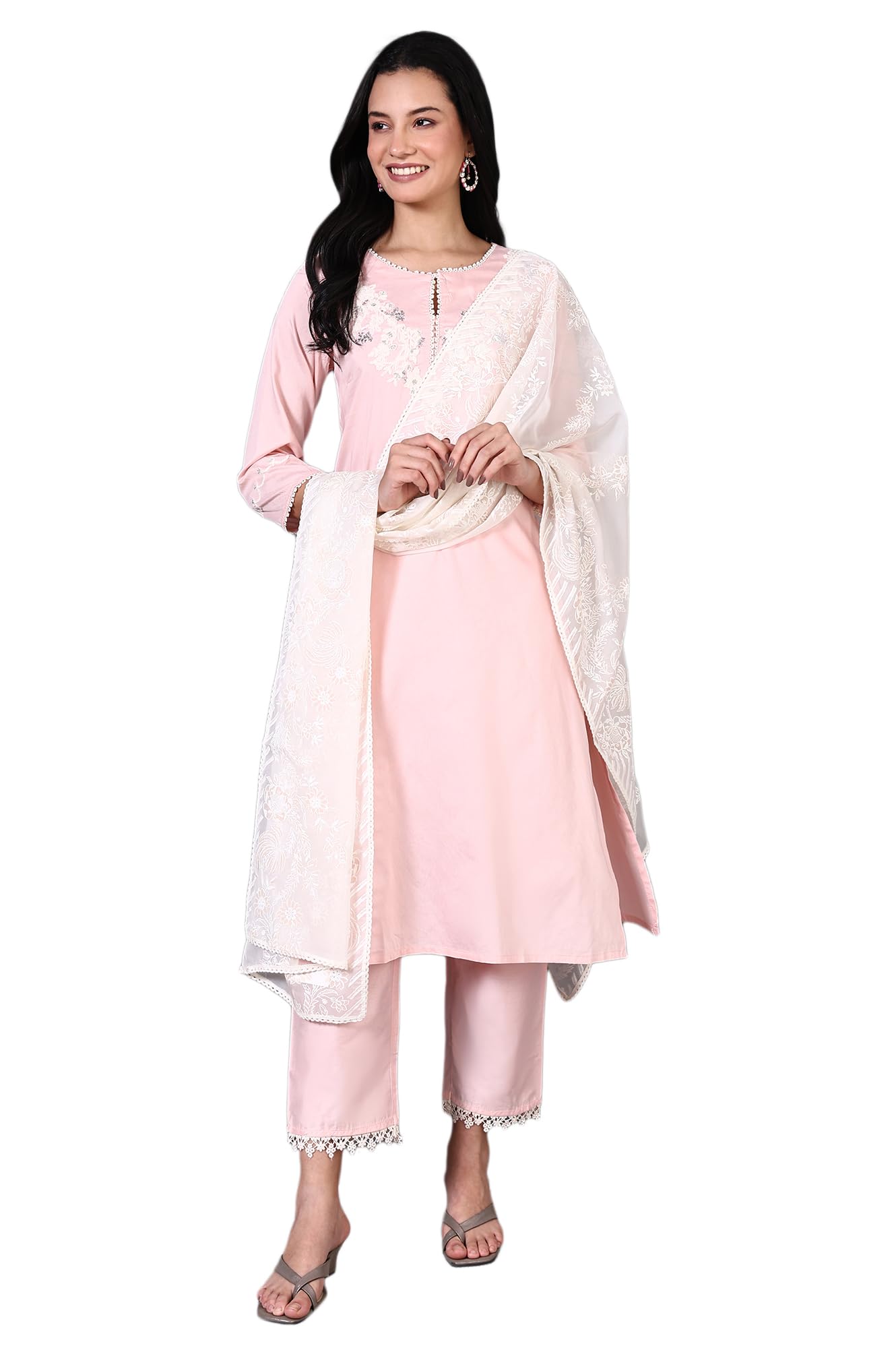 W for Woman Peach Printed Thread Embroidered A-line Kurta Set-image-43