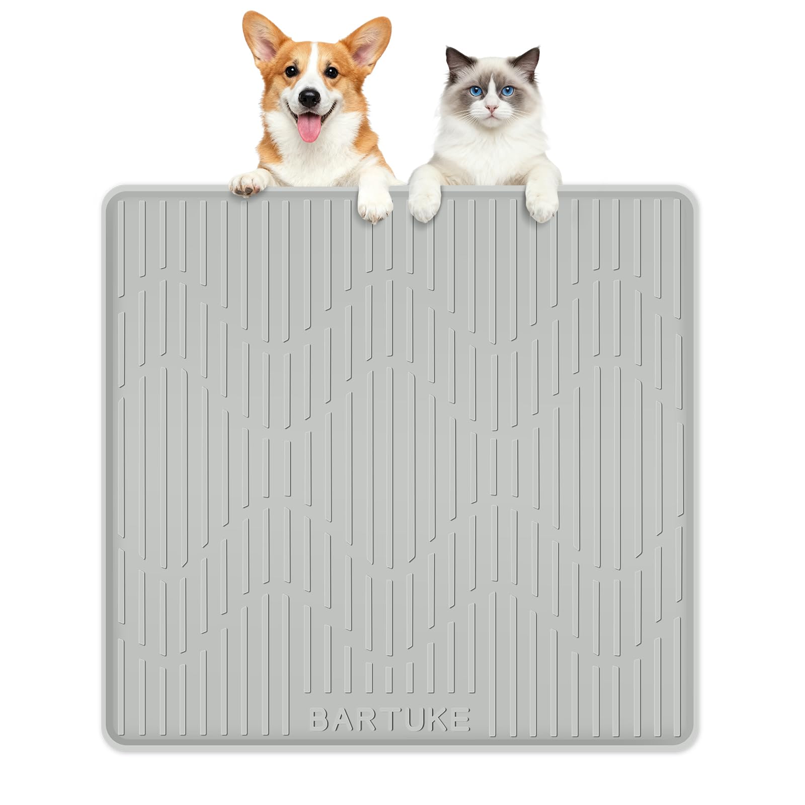 Bartuke Silicone Cat & Dog Food Mat, 27" x 27" Large Pet Feeding Mat for Cats and Dogs Bowl, Pet Placemat for Food and Water with Raised Edge, Waterproof, Leakproof (Grey)