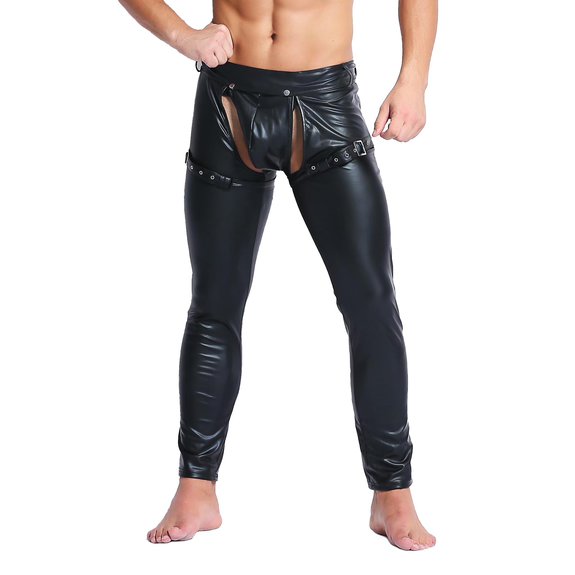 Mens Skinny Pants Faux Leather Open Crotch Trousers Long Pant with Bulge Pouch for Men