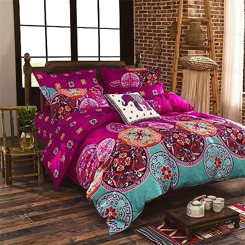 Freyamy Bettwäsche 135x200 Fuchsia Indischen Mandala Boho Bettwäsche Set | Aesthetic Bettwäsche Vintage Exotische,2teilig Bunt,Microfaser ÖKO-TEX Bettbezug mit Reißverschluss und 1