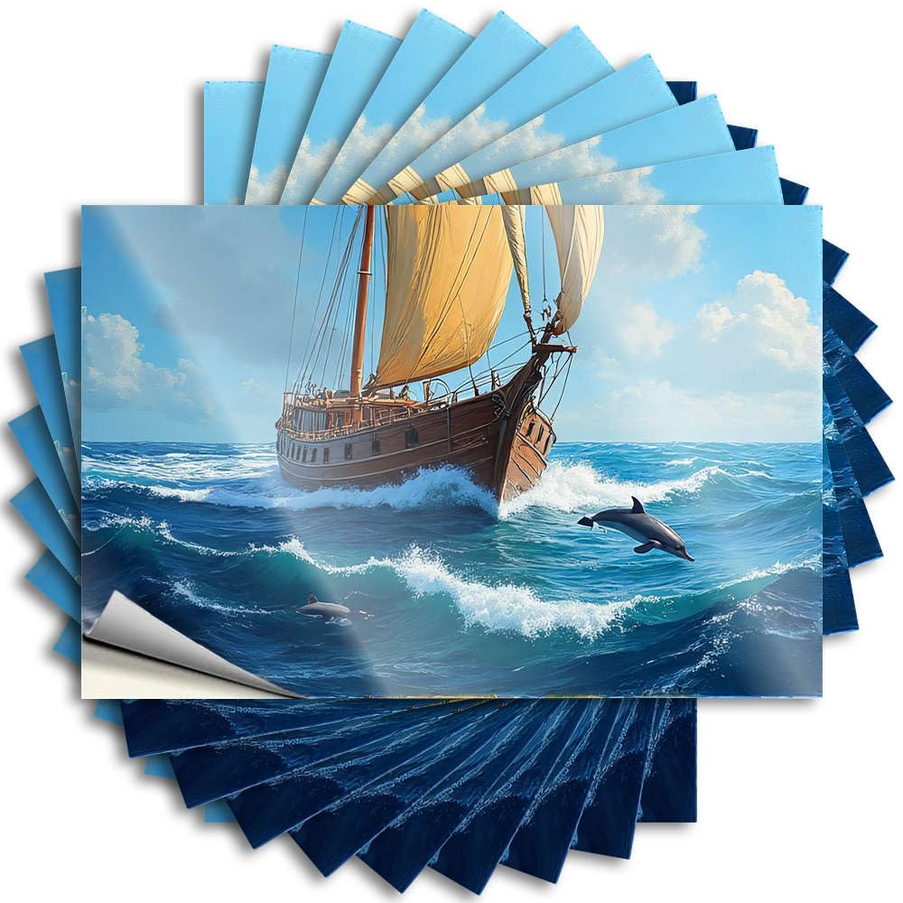 Stickers Accent, Paw Water Sailboat with Dolphins in The Ocean | Grunge Room Decor Aesthetic(8X12CM)