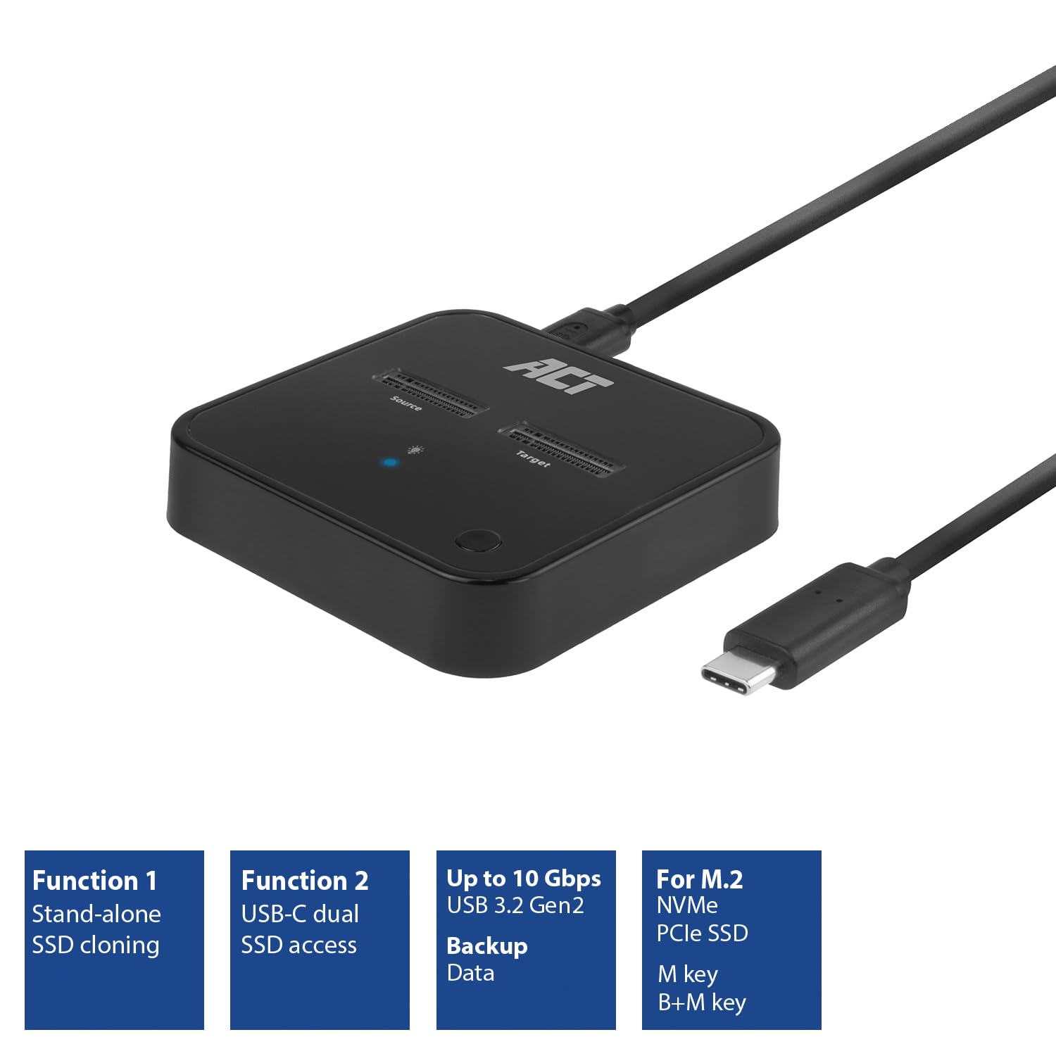 ACT M.2 NVMe/PCIe Dual SSD stacja dokująca, klonowanie offline i tworzenie kopii zapasowych danych, kabel USB-C 3.2 Gen2 10 Gbps, do M-Key i B+M-Key, Heatsink, bez montażu – AC1502