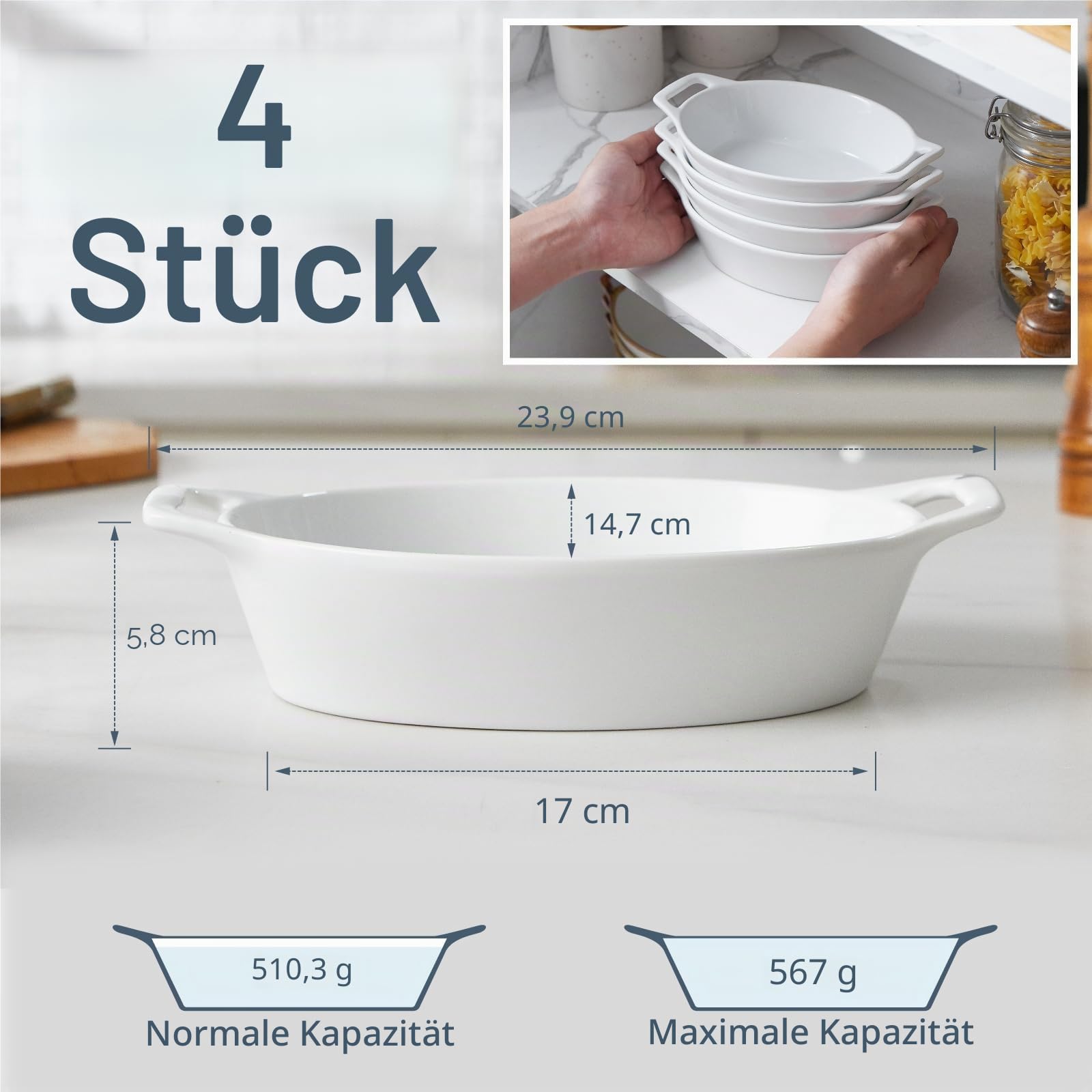 ONEMORE Au Gratin Auflaufform, 590 ml, einzelne Auflaufformen für ofenfest, ovale Keramik-Backform mit Griffen, Set mit 4 Au Gratin Pfannen zum Braten, Lasagne, Backen von Fleisch und Gemüse, Weiß