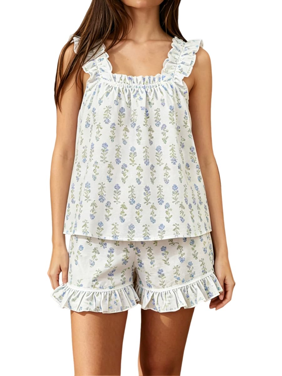 Women's Summer Pajama Set Cotton Ruffle Loungewear Sets