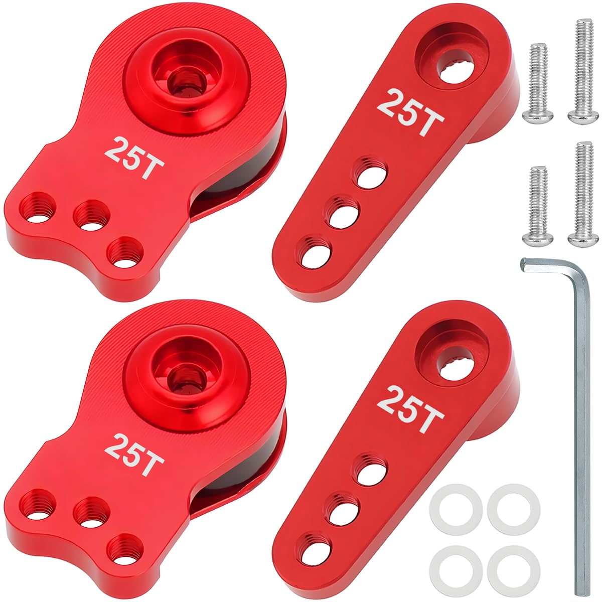 ZHUROUPU CNC Aluminum Alloy 25T Servo Saver 3 Holes Adjustable Hi-Torque Servo Horn, RC Car Servo Arm for 1/8 1/10 for Axial for Traxxas TRX4 TRX6 RC Car/Crawler, 25 Teeth Motor Steering Arm (Red)
