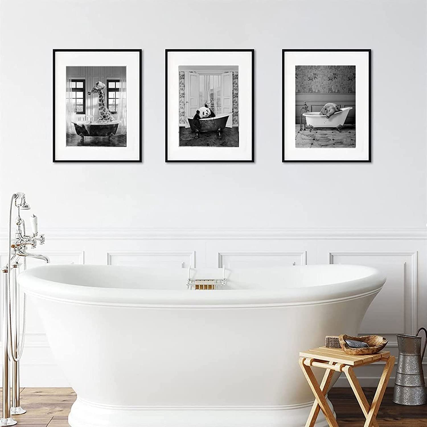 Immagini da bagno, in bianco e nero, panda animale, nella vasca da bagno, immagine divertente da parete, stampa su tela, decorazione per la casa(20 x 30 cm x 4 pezzi)