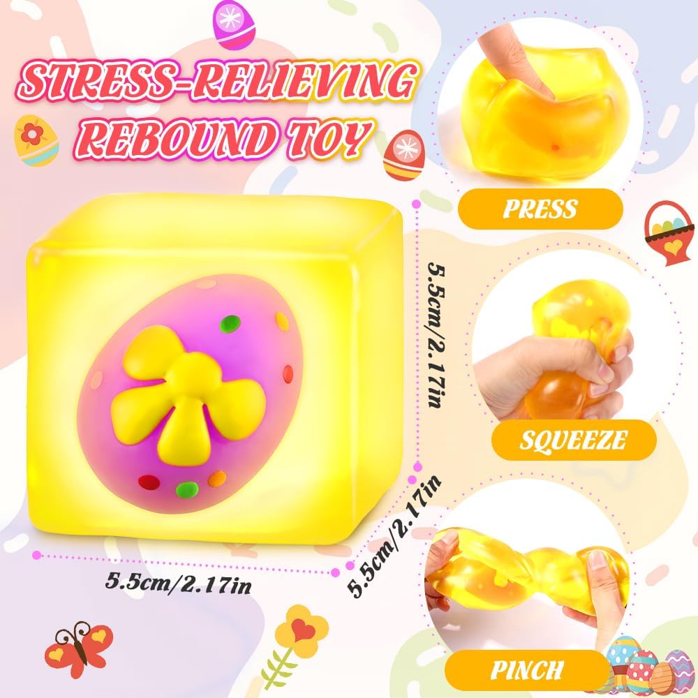 3Pcs Easter Squishy Stress Cube Fidget Toys Glow in The Dark Cute Sensory Toys Squeeze Cube with Bunny Egg Chick Design Stress Relief Balls for Easter Basket Stuffers Party Favors Gifts - Image 2