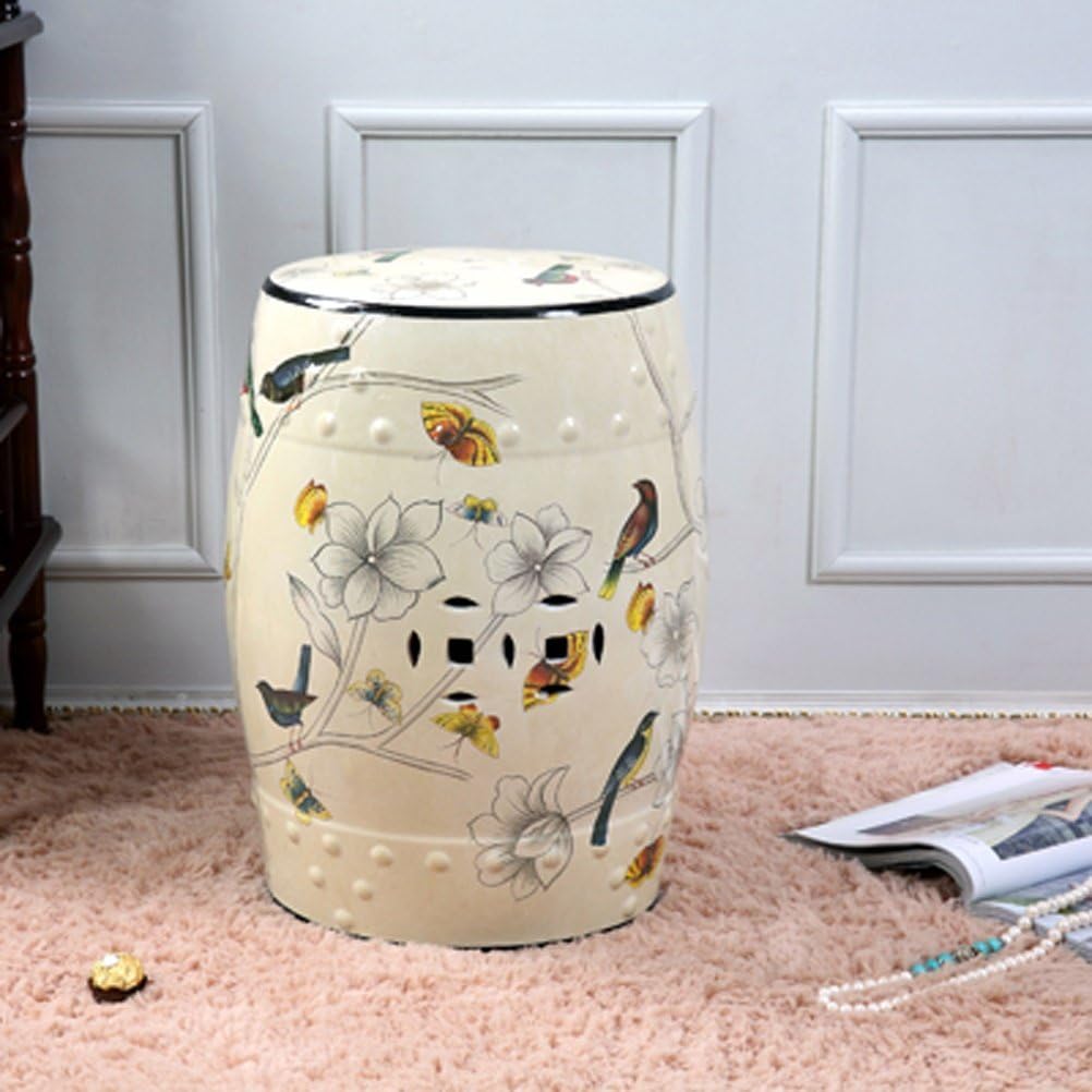 Shoe stool LUYIASI- Hand-painted Flowers And Birds Chinese Stools Ceramic Drum Stool Dressing-benches Round Mound Stool(32x45cm) (Color : Beige)