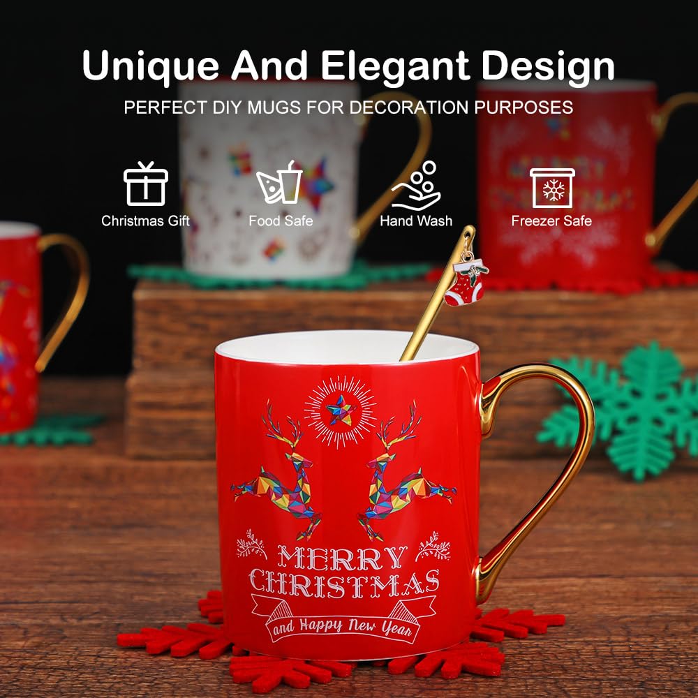 FLLETY Christmas Coffee Mugs, 6 Piece Christmas Mug Set, Christmas Theme Coffee Mug Set, Christmas Gifts for Your Family/Colleagues/Friends, Christmas Coffee Mugs for Family Gatherings/Holiday Parties