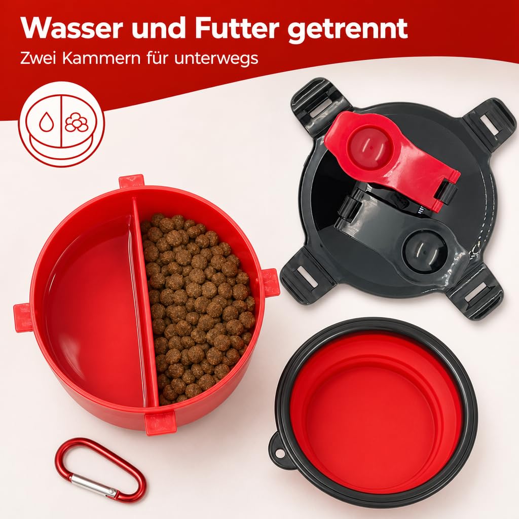 Contenitore per cani da viaggio, con 2 camere separate per acqua e cibo secco e ciotola pieghevole in silicone, 800 ml, portatile (rosso)