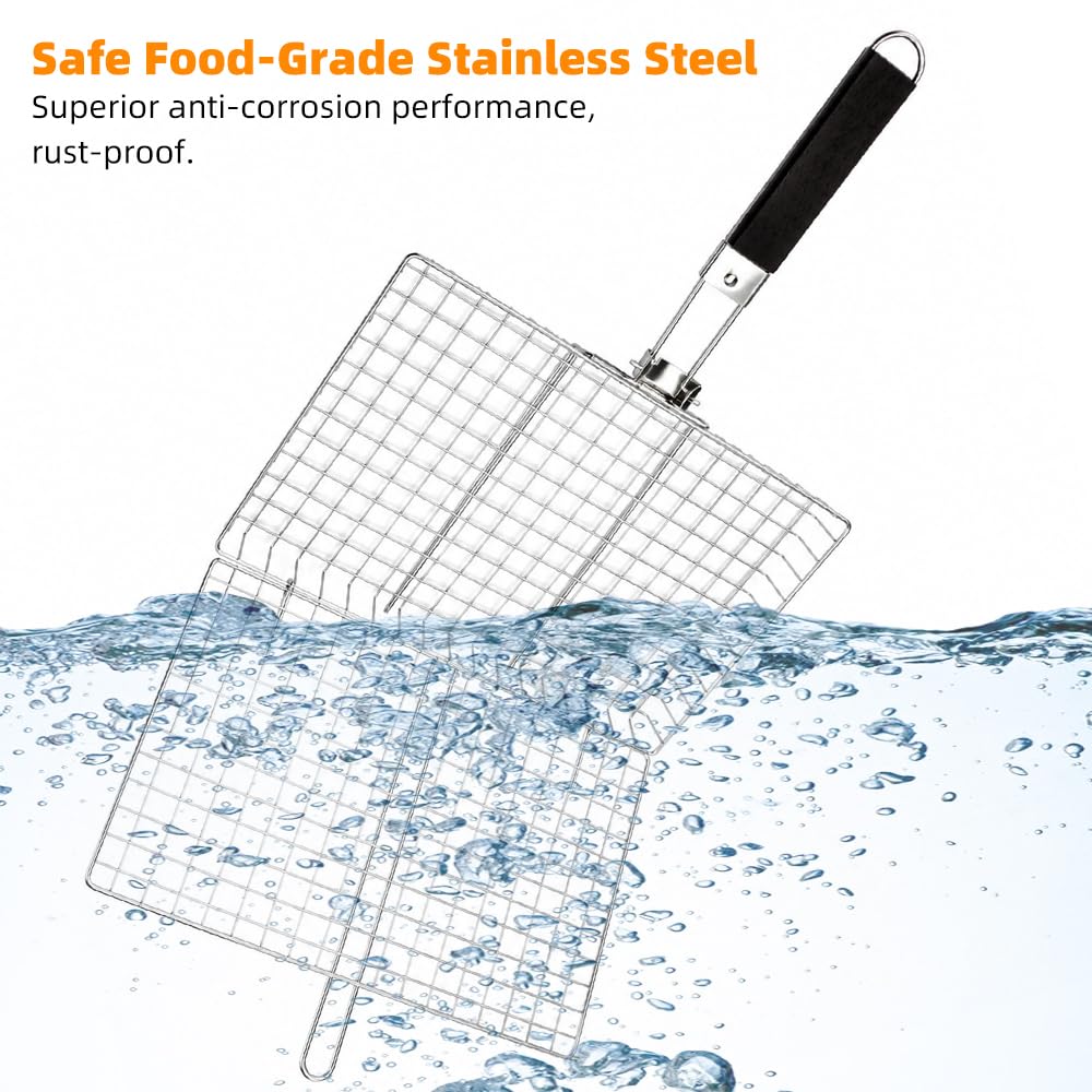 2 cestelli per barbecue, grandi e pieghevoli, in acciaio inox, con manico | Cestino per barbecue per verdure, portatile, con manico rimovibile, di alta qualità, per carne, pesce, verdure, ecc